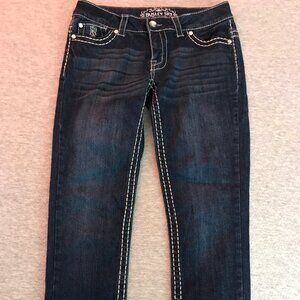 Paisley Sky Dark Wash Denim Jeans Bejeweled Studs White Stitch Stretch Size 4